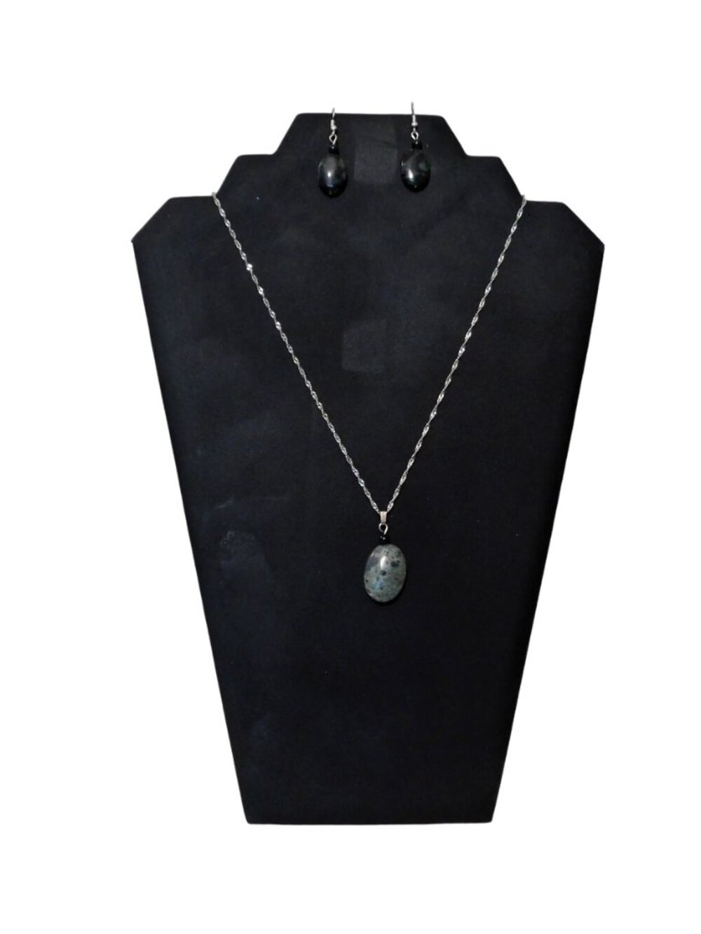 Black Stone Necklace and Fishhook Pierced Earrings 20" Twist Silver Tone Chain - Picture 11 of 11